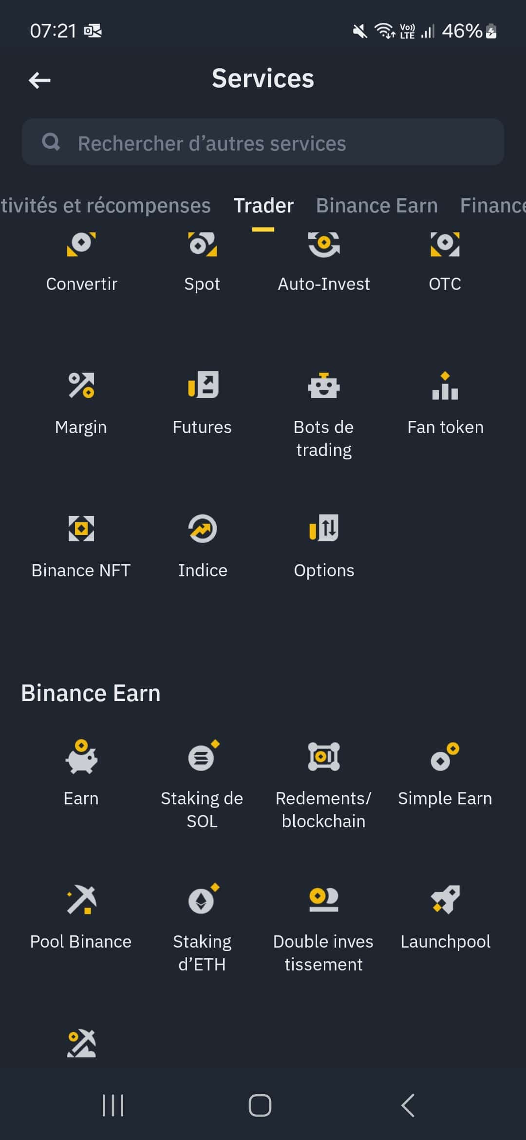 Liste des services Binance